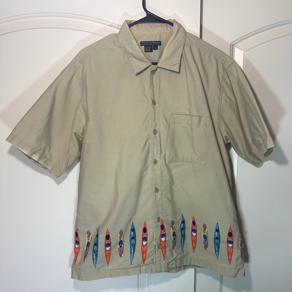 Royal Robbins Mens L Cotton Kayak Novelty Print Short Sleeve Button‎ Up Shirt
